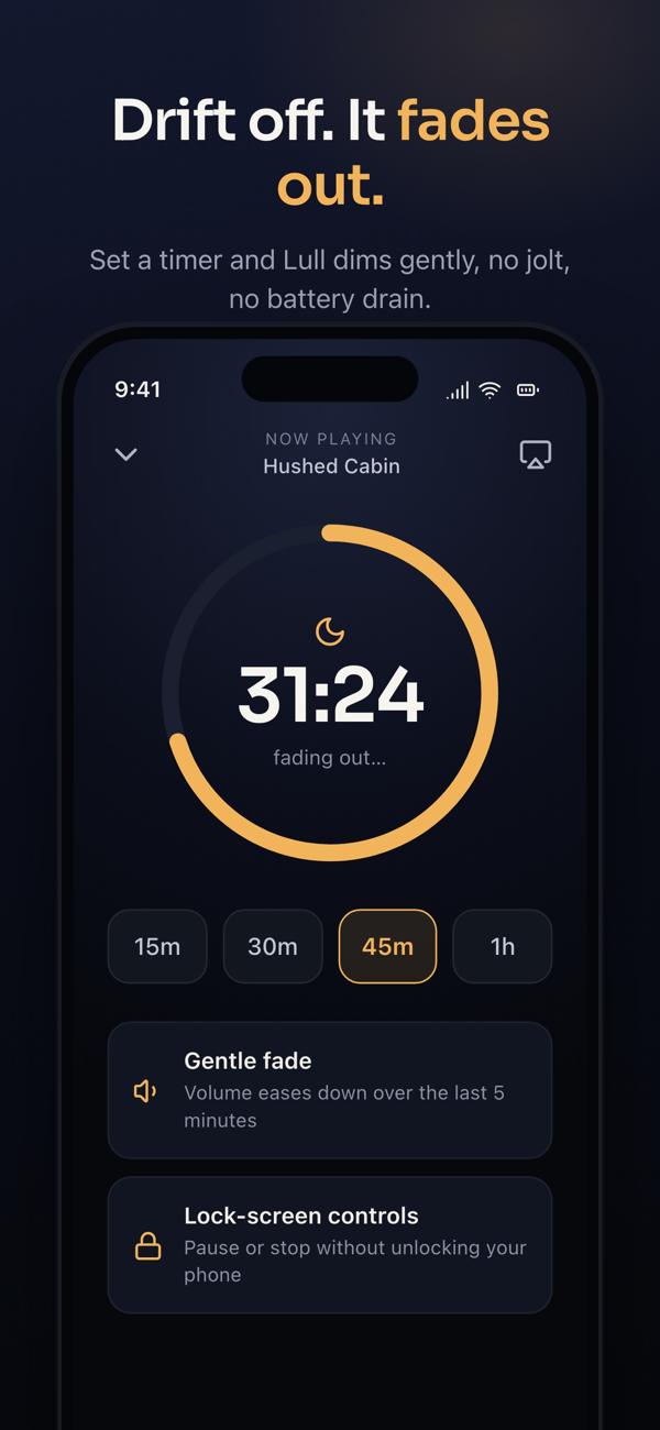 Lull sleep timer: an amber ring counting down 31 minutes while the sound fades out, with 15-minute to 1-hour presets