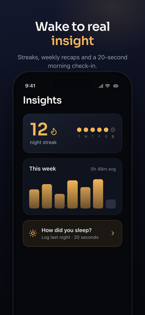 Lull insights screen: a 12-night streak, a weekly sleep chart, and a 20-second morning check-in