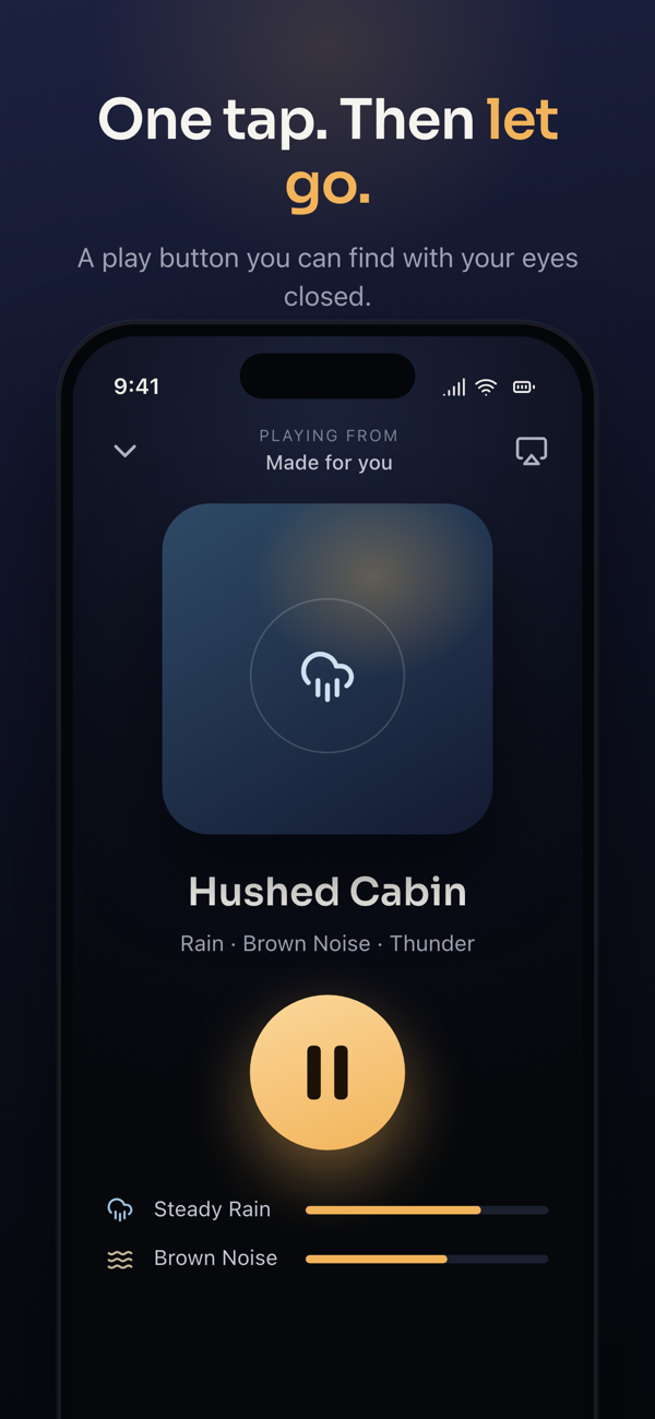 Lull player screen: the Hushed Cabin mix of rain, brown noise, and thunder playing behind one large amber pause button