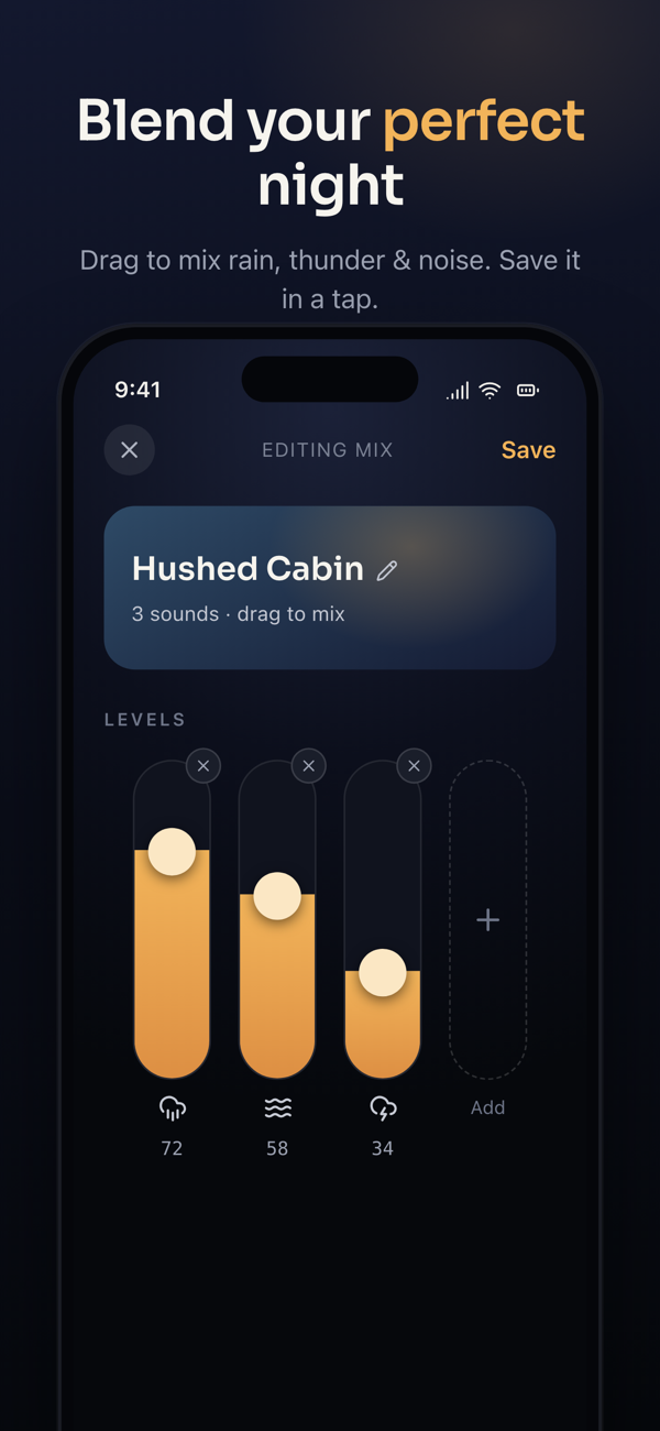 Lull mix editor: three volume sliders at different levels for rain, brown noise, and thunder, with a Save button