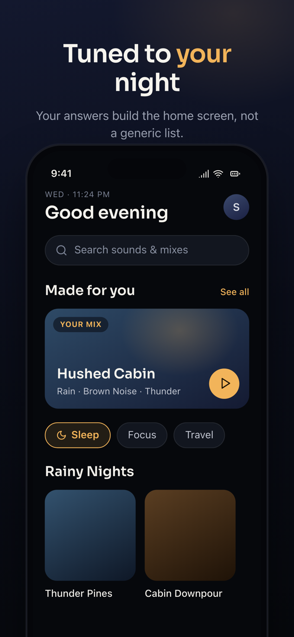 Lull home screen at 11:24 pm: a personalized Made for You mix and a Rainy Nights collection